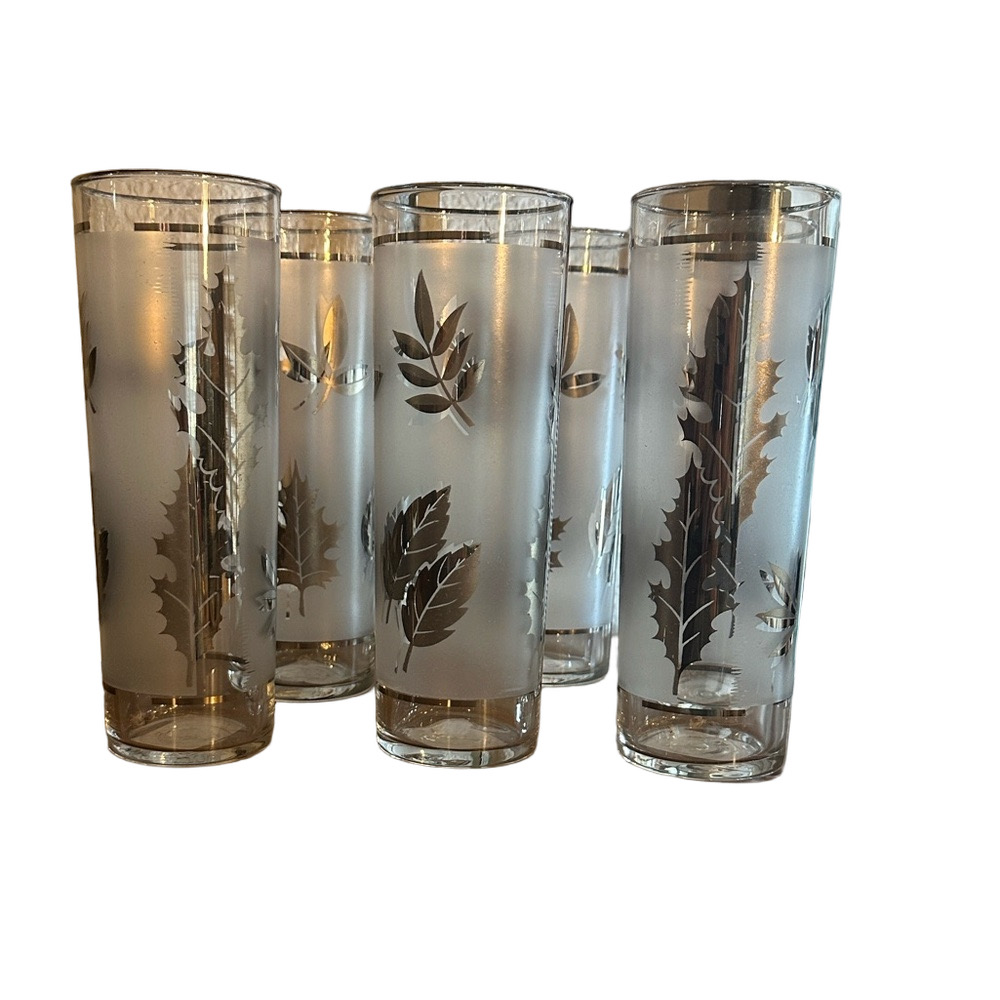 Libbey Frosted Tom Collins Glasses with Silver Leaf Design